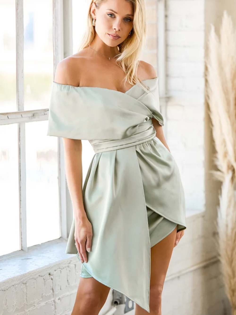 Lulus Always Celebrating Sage Green Satin Off-the-Shoulder Mini Dress